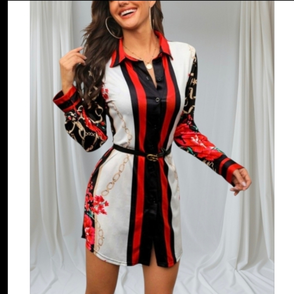 #00953 Floral Striped Button-Up Shirt Dress With Scarf - Picture 1 of 7